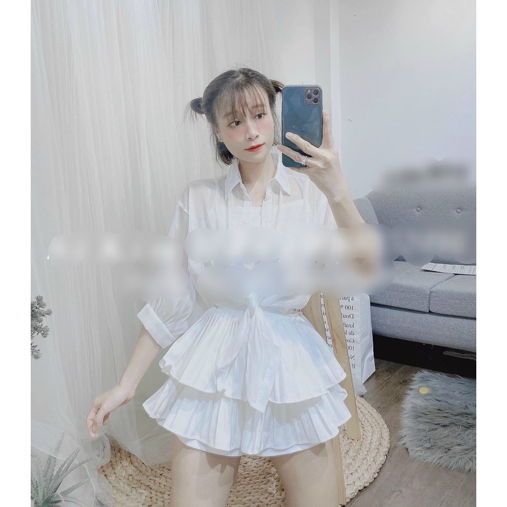 Áo sơ mi voan cột eo tay phồng trơn xinh xinh , chất voan mềm mịn