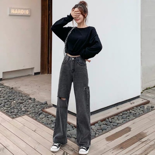 Quần jean baggy ống suông loe rộng lưng cao, phom dài, ống to dài rộng, màu xám đen 3285