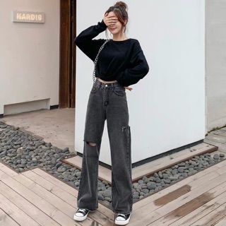 Quần Jean Suông Ống Rộng Lưng Cao, Dài 103cm, Màu Xám Khói 4429 quần bò nữ ống rộng dáng xuông MoliJean