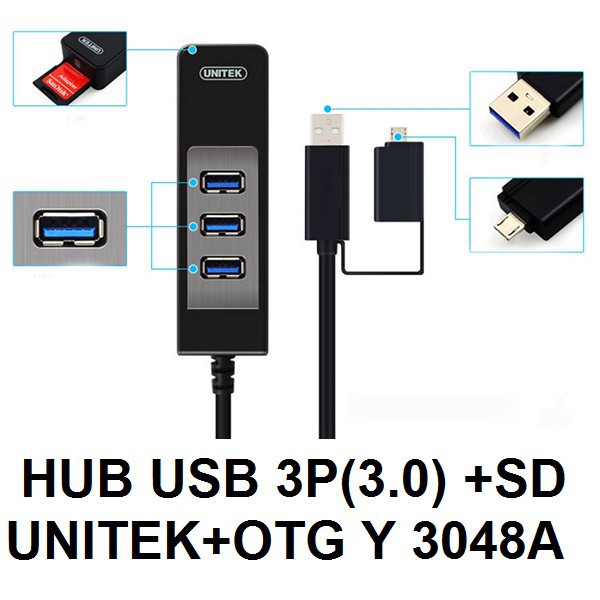 HUB CHIA USB 3.0 TỪ 1 RA 3 CỔNG + ĐỌC THẺ NHỚ SD CÓ ĐẦU CHUYỂN ĐỔI USB SANG OTG UNITEK Y 3048A CHIA CỔNG USB