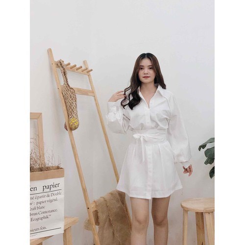 Bộ đồ nữ sơ mi nữ quần đùi, set đồ nữ áo sơ mi kèm đai buộc vải đũi tạo dáng cao thon gọn
