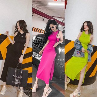 Đầm thun maxi cổ phối