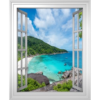 Tranh dán tường cửa sổ 3D khổ dọc VTC cảnh biển đẹp VT0114D kim sa