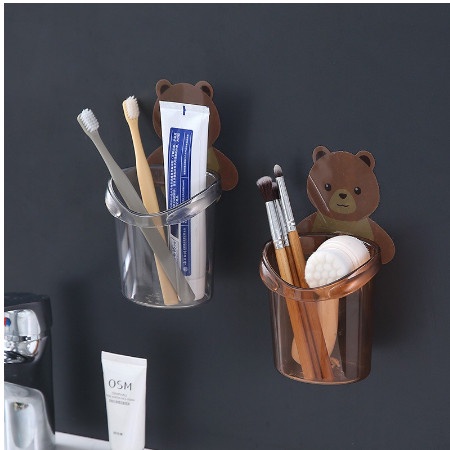 Ly Cốc Dán Tường Hình Gấu Nâu Đựng Bàn Chải, Kem Đánh Răng, Đồ Dùng Nhà Tắm