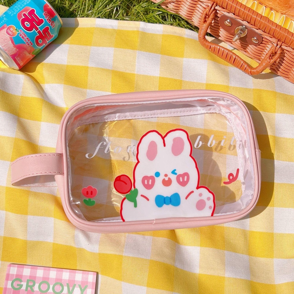 Túi Đựng Mỹ Phẩm Bằng PVC Trong Suốt Chống Nước Sức Chứa Lớn Họa Tiết Gấu / Thỏ Dễ Thương