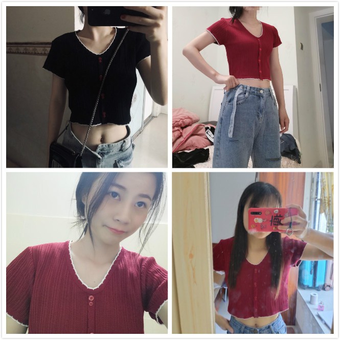 Áo Croptop Dệt Kim Tay Ngắn Thiết Kế Cổ Chữ V Quyến Rũ Cho Nữ