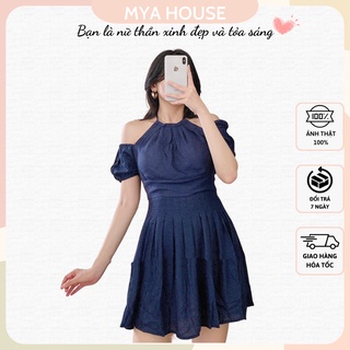 ĐẦM XANH NAVY CỔ YẾM RỚT VAI XẾP LY EO