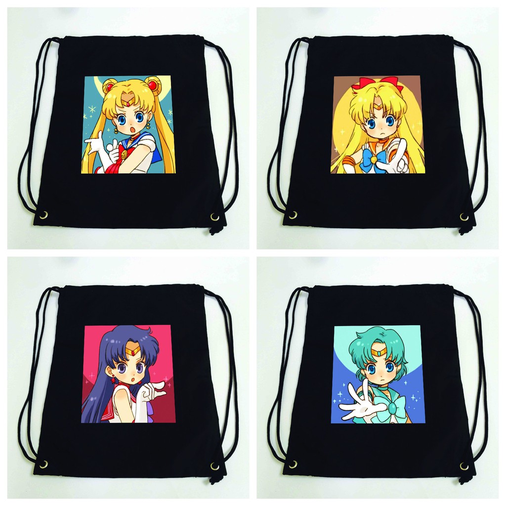 Balo dây rút đen in hình SAILOR MOON THỦY THỦ MẶT TRĂNG anime chibi túi rút đi học xinh xắn thời trang