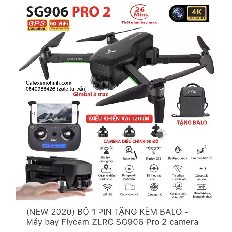 Flycam Sg906 Pro 2 Gimbal 3 trục Cam 4k quay chuyên nghiệp tặng Balo