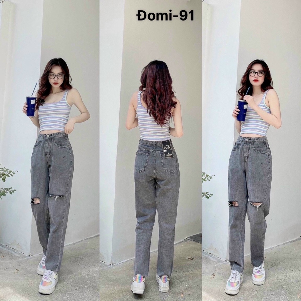 Quần Baggy Jeans Nữ Lưng Cao Dáng Suông Ống Rộng Rách Gối, Quần Jeans Nữ Dáng Suông, Quần Jeans Nữ Ống Rộng