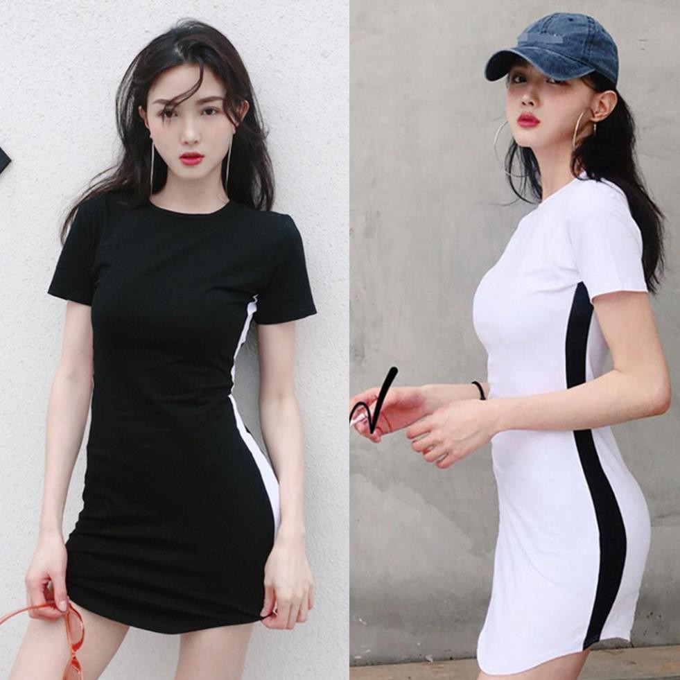 Đầm Body Tay Ngắn Hoạ Tiết Kẻ Sọc Phong Cách Hàn Quốc Đẹp ྇