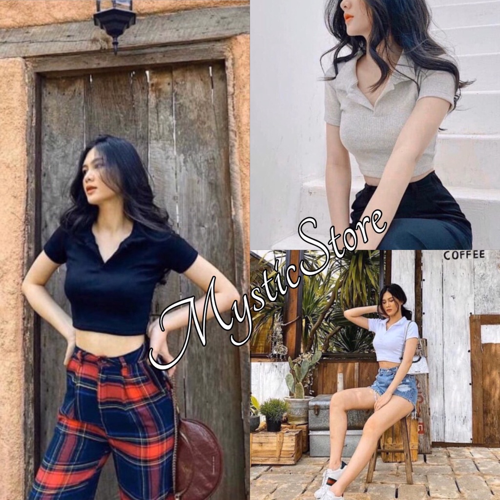 Áo Croptop Polo Cộc Tay Nữ , ❤️MysticStore<FREESHIP>❤️, Áo Cổ Bẻ Chất Thun Gân, Áo Croptop Cổ Tim 3 Màu ĐEN TRẮNG GHI