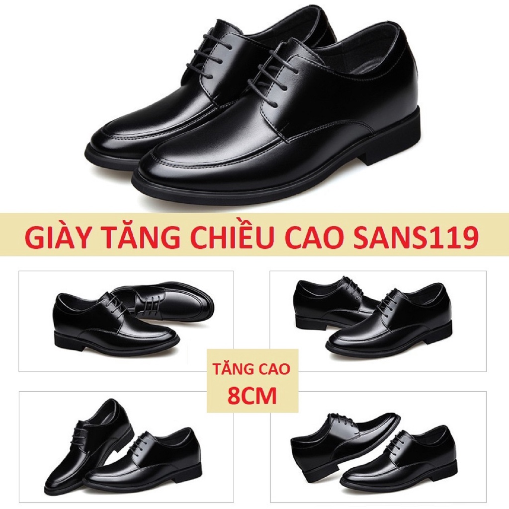 Giày tăng chiều cao nam da bò Sans119 độn đế 8cm công sở cao cấp buộc dây tây đen chú rể mặc vest size nhỏ 37 mũi tròn