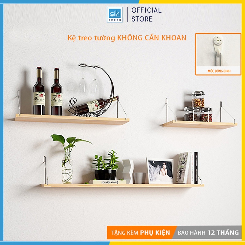 Bộ 3 Kệ Gỗ Trang Trí Không Cần Khoan SIB Decor, Móc Treo Inox Và Đầy Đủ Phụ Kiện Tặng Kèm