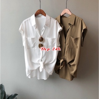 Áo sơ mi nữ kiểu tay ngắn Hàn Quốc Đẹp 24 giờ chất liệu đũi tơ mềm mịn form trẻ trung SMH.33