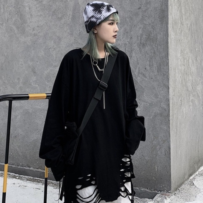 Áo thun dài tay 95% cotton rách gấu tạo layer màu basic hip hop unisex nam nữ