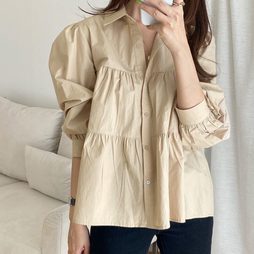Áo sơ mi SUXI tay dài dáng rộng thiết kế đơn giản dễ phối đồ