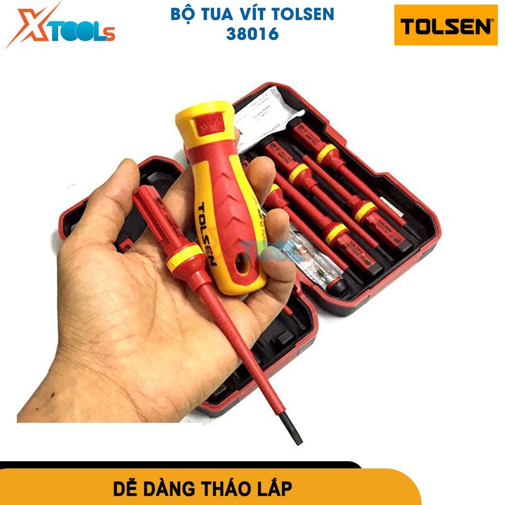 Bộ tua vít 13 chi tiết cách điện Tolsen 38016, chất liệu tua vít dùng thép cứng bọc nhựa cách điện [CHÍNH HÃNG][XTOOLS]