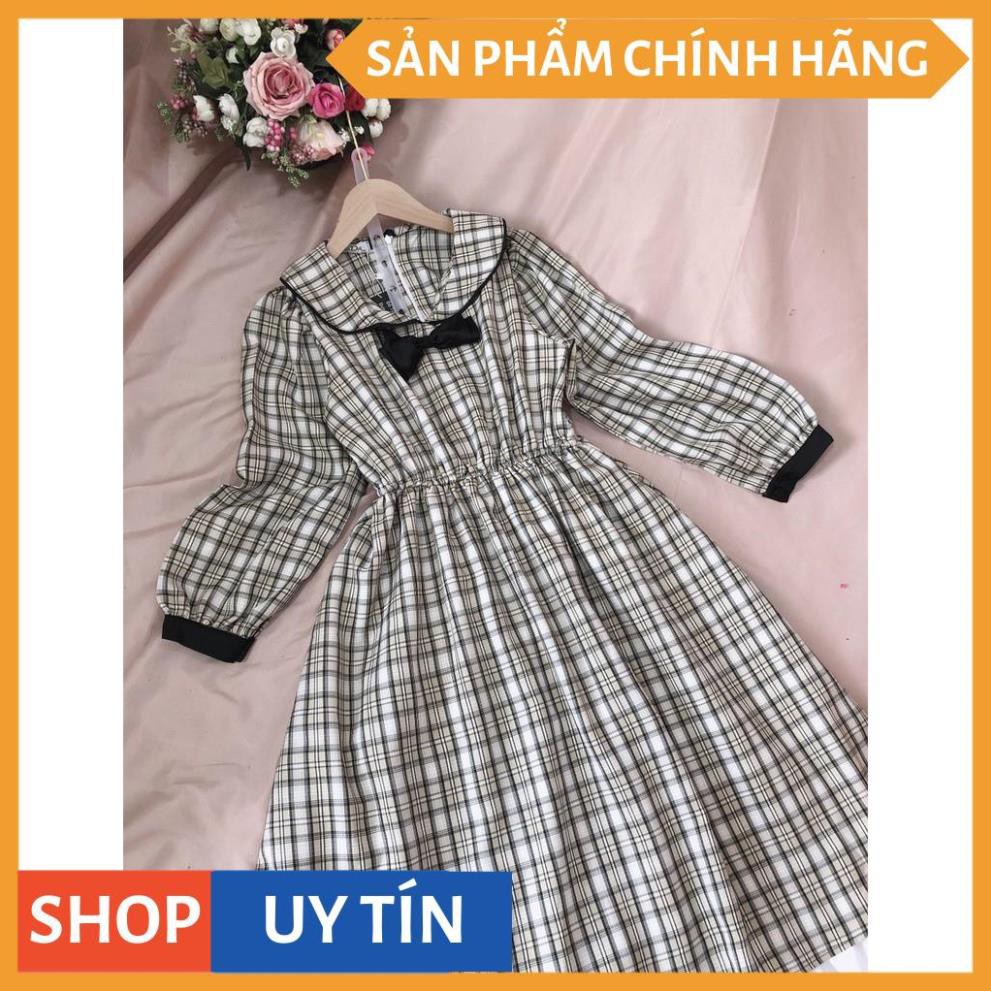 Đầm xòe caro tay dài, cổ nơ kiểu tiểu thư xinh yêu dễ thương, dự tiệc cưới đi chơi bao đẹp, hàng cao cấp tại VADA - V08 | BigBuy360 - bigbuy360.vn