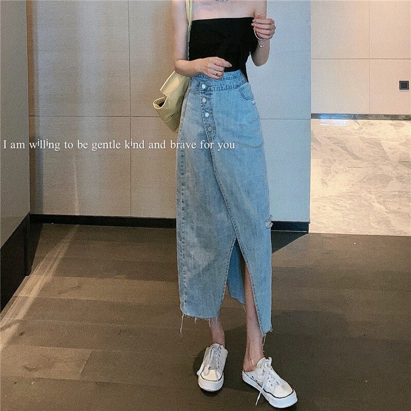 CHÂN VÁY BÒ DÁNG DÀI VẠT LỆCH XẺ TÀ GIỮA SIÊU NĂNG ĐỘNG ❤️