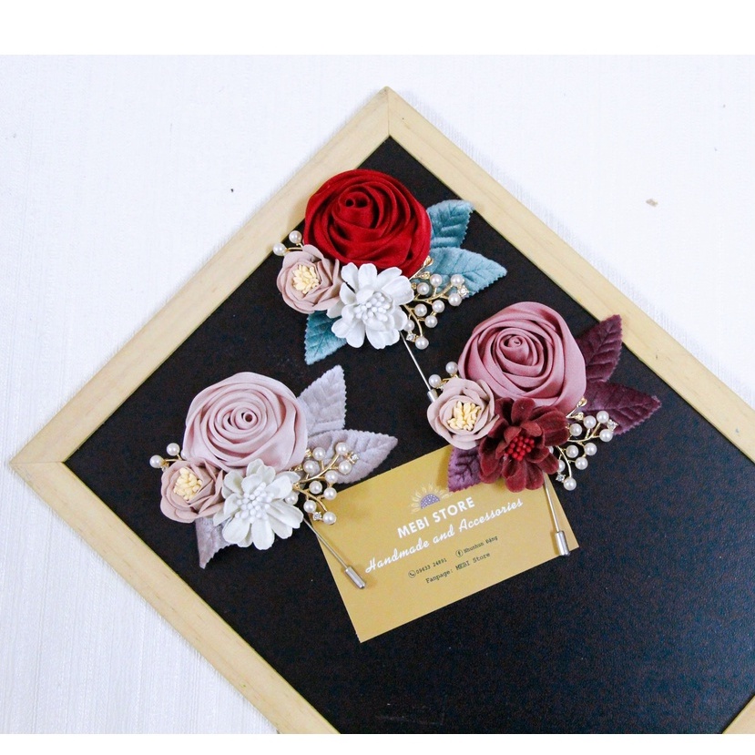 Hoa cài áo handmade mẫu hồng cuộn mix 2 hoa dạ và cành trai siêu xinh