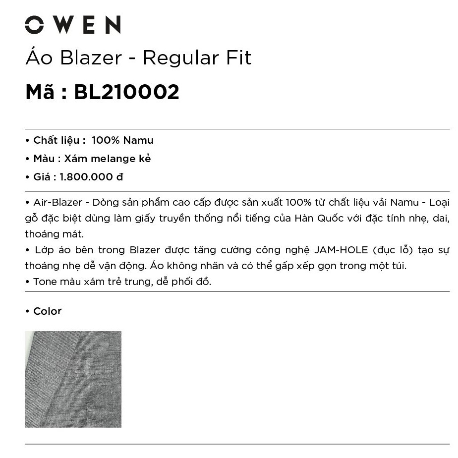 Áo Blazer Nam Owen BL210002 Áo Khoác Vest Công Sở Màu Xám Kẻ Chất Vải Gỗ Namu Mỏng Hàn Quốc Cao Cấp Dáng Regular Fit