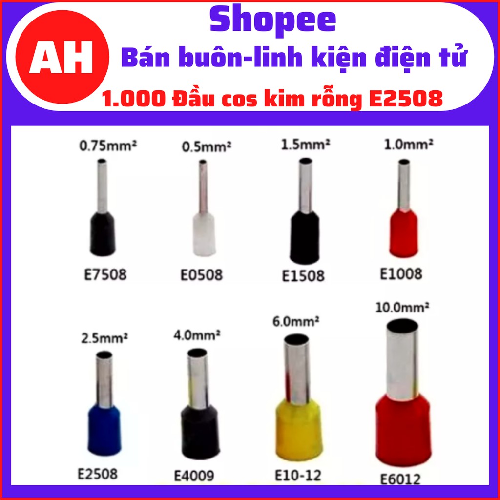 Đầu cos kim rỗng E2508,  cos kim E2508, đầu cos kim rỗng dùng cho dây điện 2.5mm, đầu cos dây điện, cos kim đơn