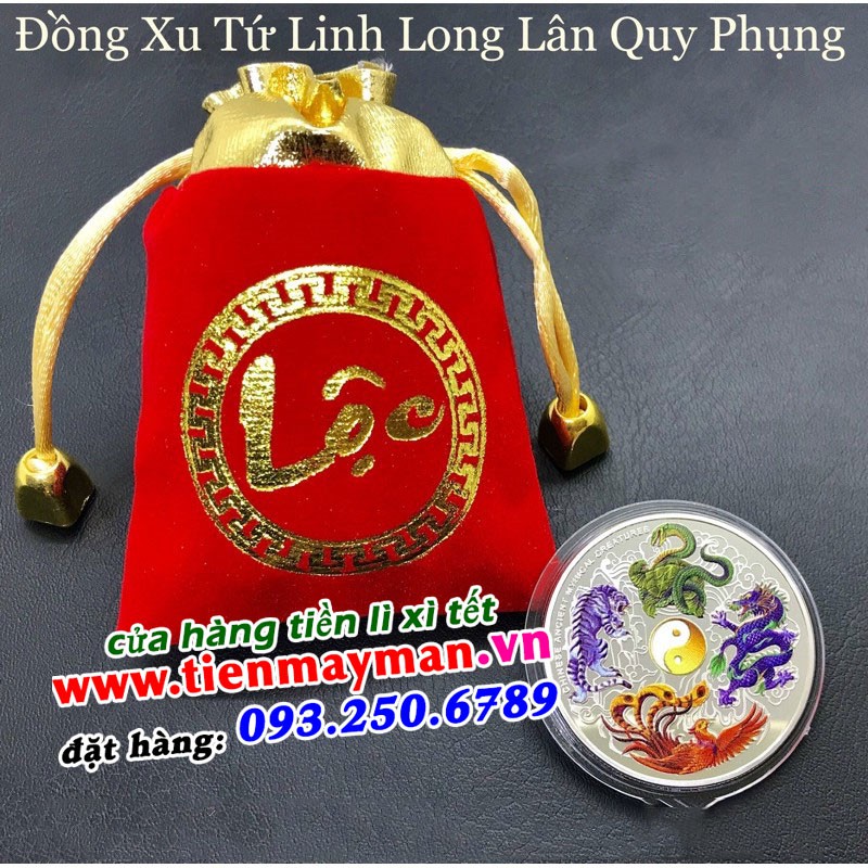 Đồng Xu Tứ Linh ý nghĩa phong thủy - tặng kèm túi gấm rồng phụng