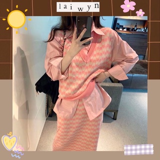 Áo vest gile len hồng ulzzang/Set váy dài, sơ mi gile hồng taobao thu đông 2021