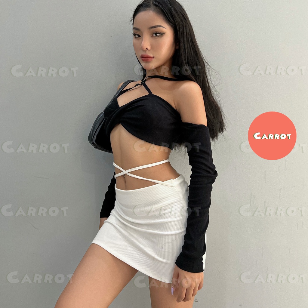 Áo croptop đen tay dài sexy cột dây tôn dáng trendy thời trang nữ carrotxinhdep đi chơi đi du lịch