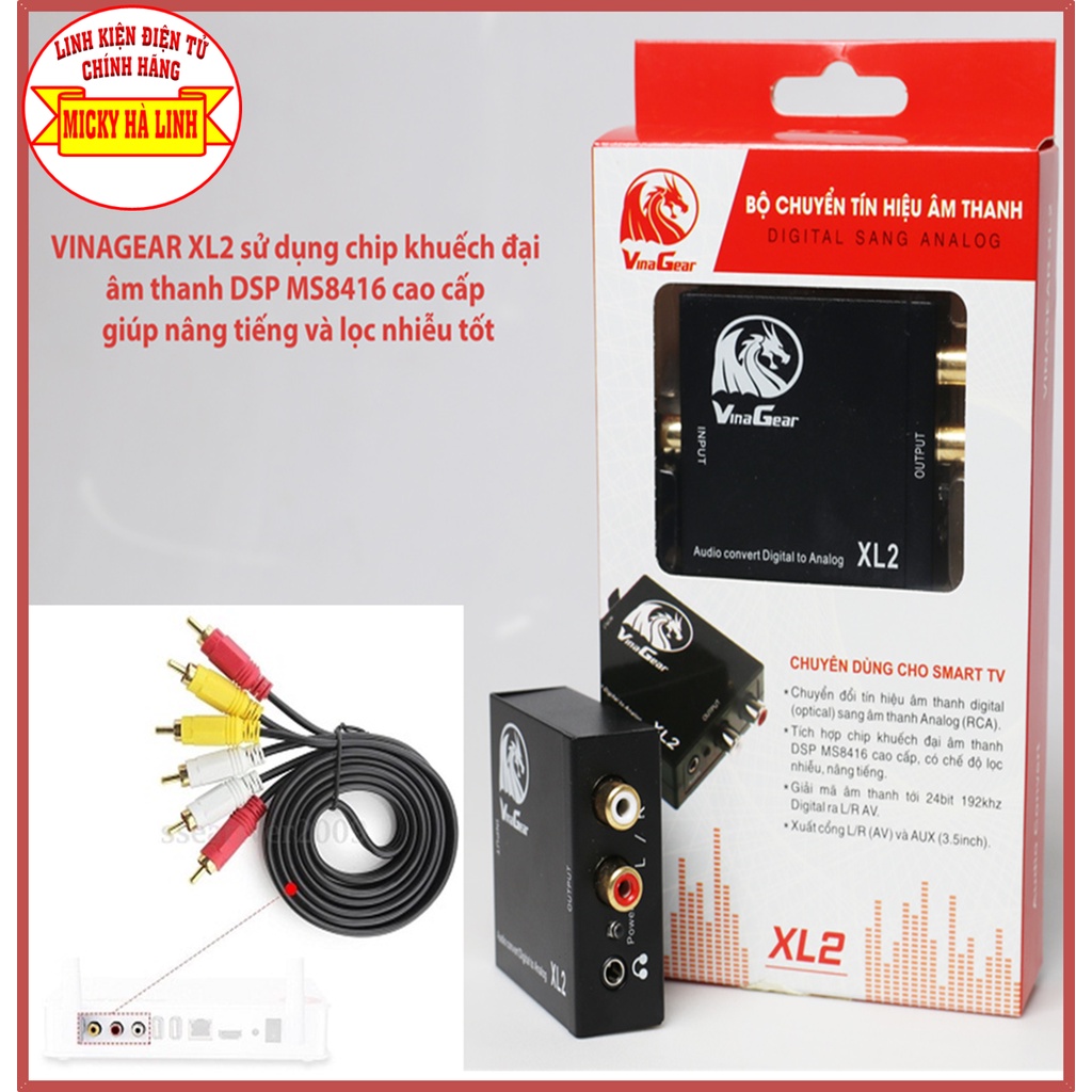 OPTICAL VINAGO XL2 &amp; Dây cáp loa 6 đầu đen, Bộ chuyển đổi Optical và Dây cáp AV Dành cho thiết bị âm thanh - CHÍNH HÃNG