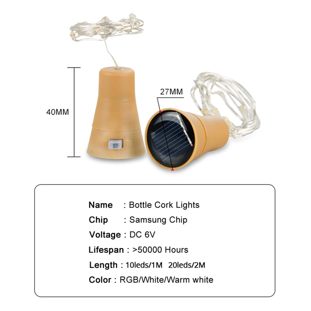 Dây đèn LED phối nút đóng chai sử dụng năng lượng mặt trời chống thấm nước trang trí tiệc cưới/ nội thất dài 1m