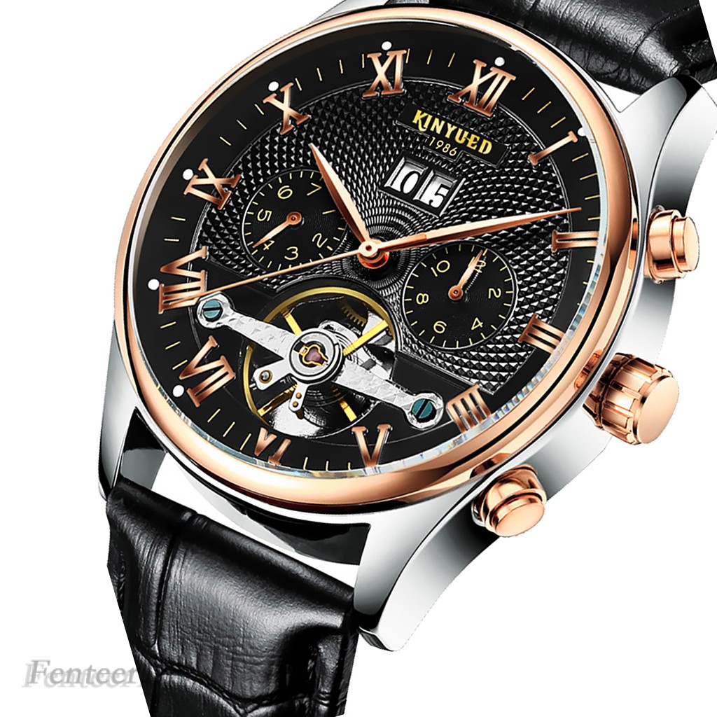 [FENTEER1] Chic Mechanical Automatic Men Wrist Watch Kinyued Skeleton Classic Leather Steel