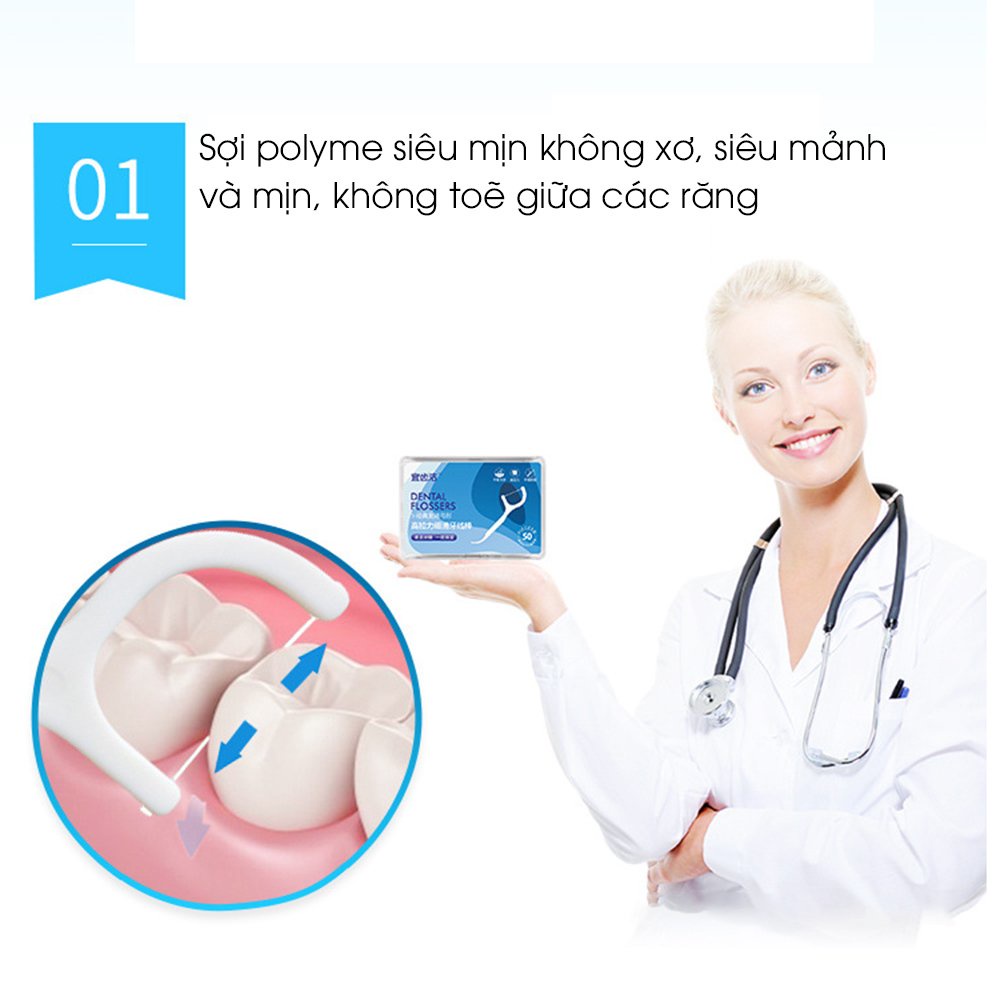 Hộp 50 tăm chỉ nha khoa tiệt trùng sợi chỉ mảnh vệ sinh răng miệng - 50 chiếc