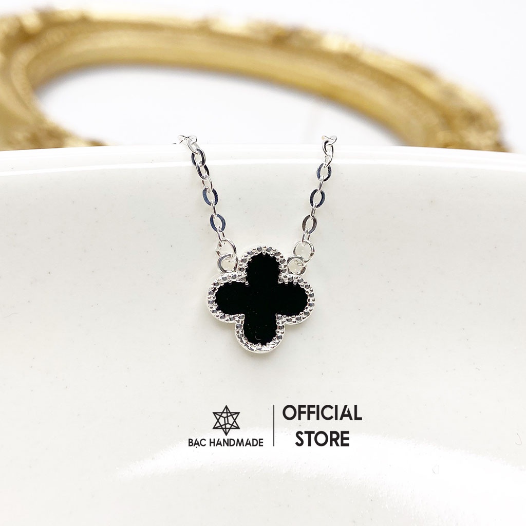 Dây chuyền Bạc Handmade.Vòng cổ cỏ bốn lá nạm đá đen bạc nguyên chất-Bạc Handmade