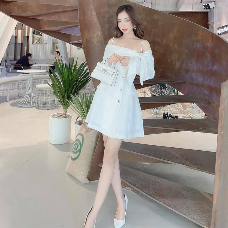 [Hàng thiết kế cao cấp] Đầm xòe trễ vai phối nơ màu trắng - Đen sang trọng váy dự tiệc dạo chơi | BigBuy360 - bigbuy360.vn