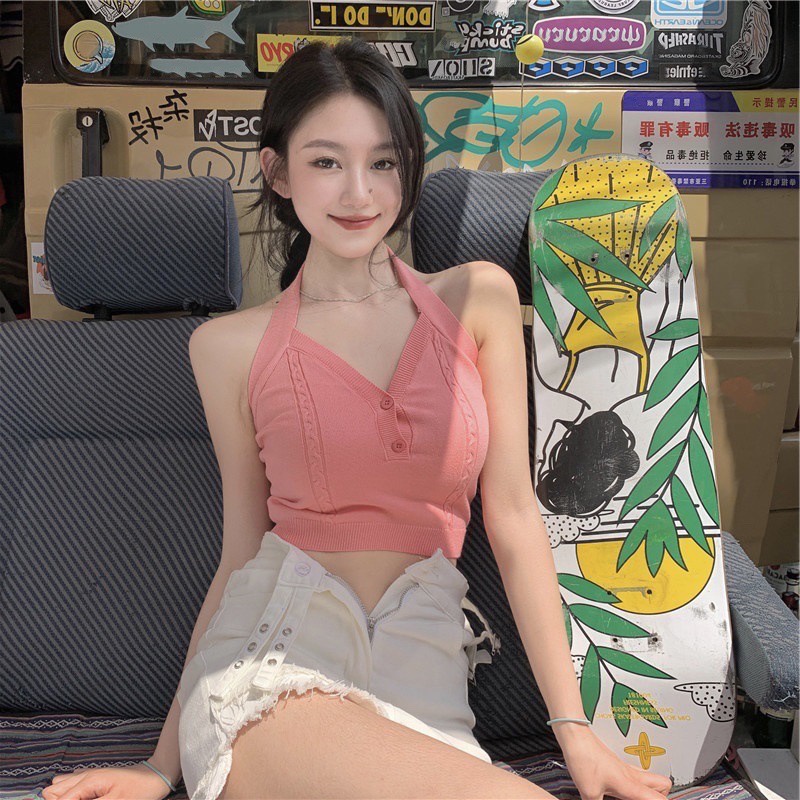 Áo Croptop Dệt Kim Khuy Cài Ngực, Cổ Yếm Hàng Cao Cấp Siêu Xinh