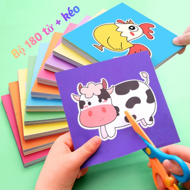 Bộ cắt giấy thủ công 180 tờ kèm kéo nhựa an toàn giúp bé rèn luyện tính kiên trì và khéo léo