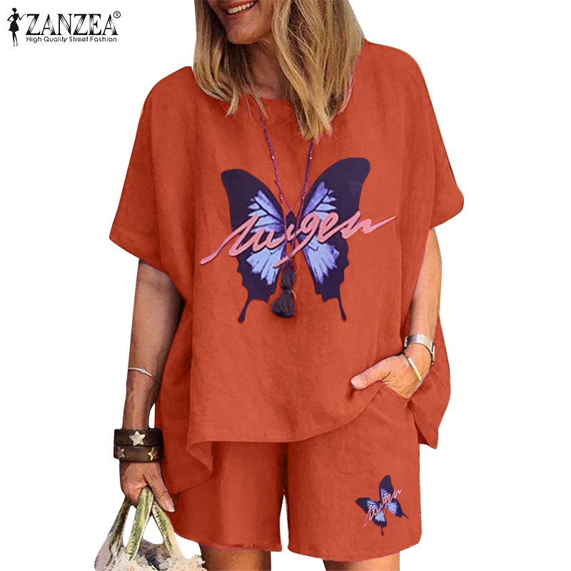 Set đồ hai món ZANZEA gồm áo thun tay ngắn kèm quần short chất liệu cotton thời trang cho nữ