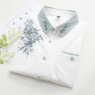 Áo sơ mi trắng dài tay họa tiết thêu thời trang cho nữ