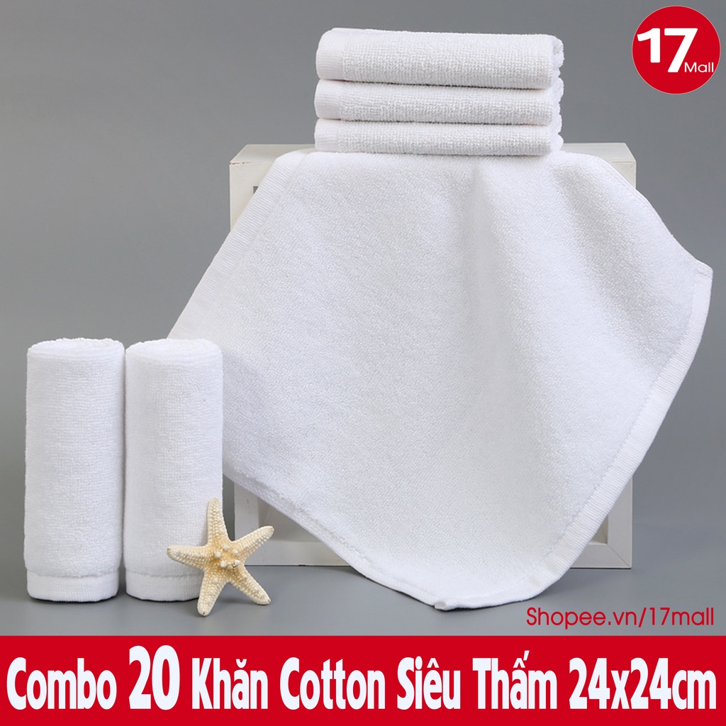 Combo 20 khăn trắng cotton 24x24 đa năng, khăn vuông lau bếp, xe ô tô, lau quán ăn, bệnh viện, spa, nail, trường học