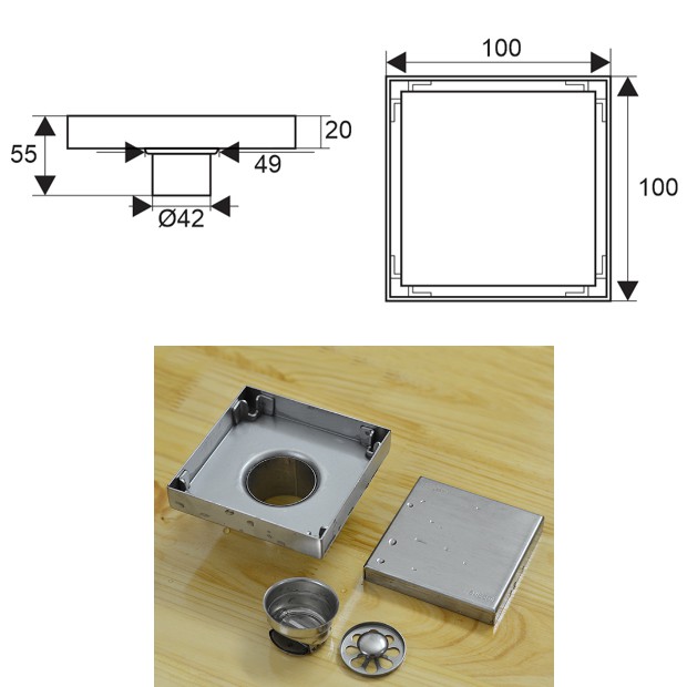 PHỄU THOÁT SÀN CHỐNG MÙI HÔI 10x10cm INOX304 NX133ts-L