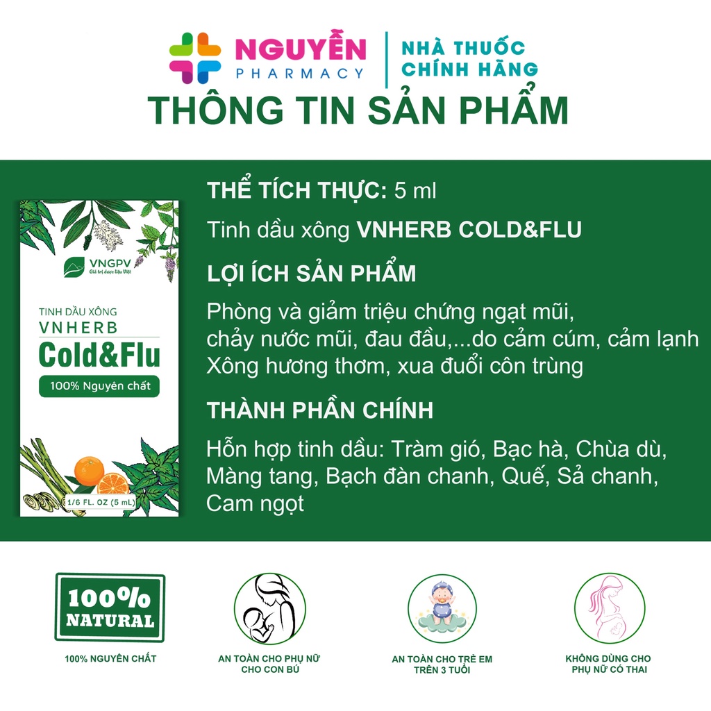 Tinh dầu xông VNHERB COLD &amp; FLU - Giúp xông hơi giải cảm, phòng ngừa cảm cúm, khử mùi, thư giãn