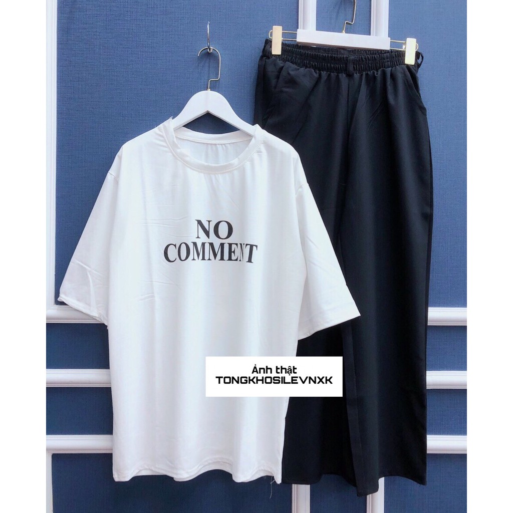 Set Bộ Áo No Comment + Quần Suông Unisex - Set Áo thun trắng in chữ mix Quần Cullote Đen Suông Basic