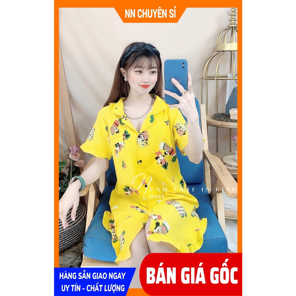Đầm ngủ nữ chất kate mềm mịn mát in hình chuột hoạt hình dễ thương D864
