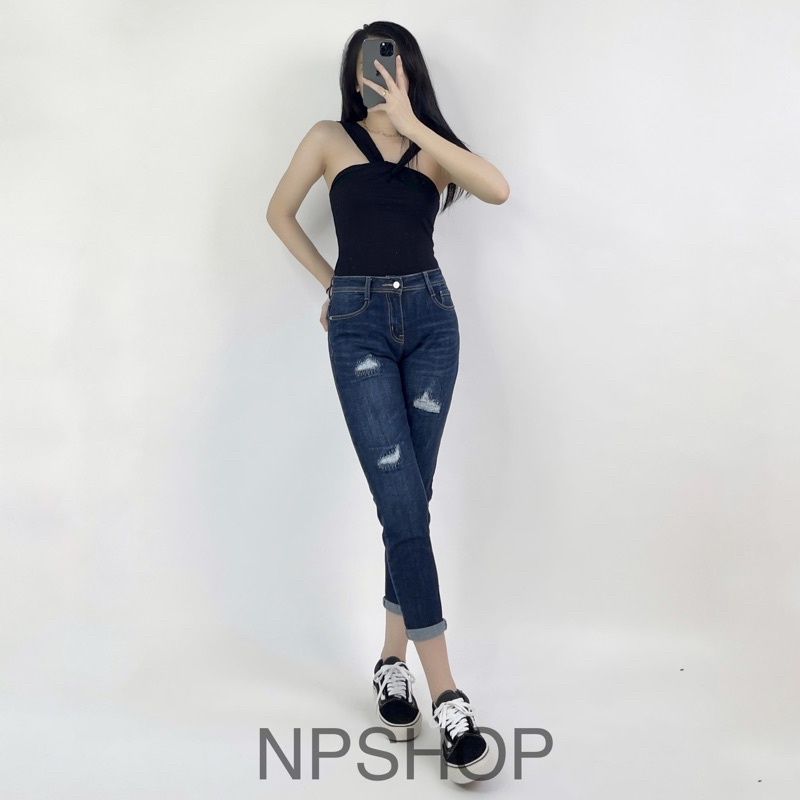 Quần baggy nữ lửng lưng cao⚡️ quần boyfriend nữ ngố cạp cao co giãn kiểu rách Nhipham shop/xanh nhạt, xanh đậm