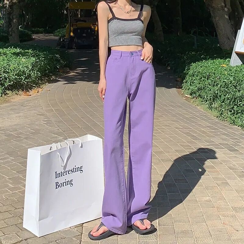 SUXI Quần Jean Nữ Ống Rộng Lưng Cao Màu Sắc Đơn Giản