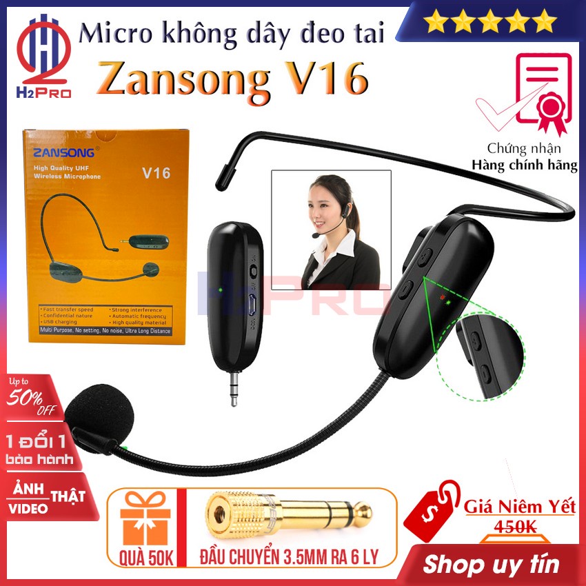 Micro trợ giảng không dây cao cấp Zansong V16 H2pro thu phát 50m-sóng khoẻ-mic rõ (1 chiếc)(Quà:đầu chuyển 3.5mm ra 6ly)