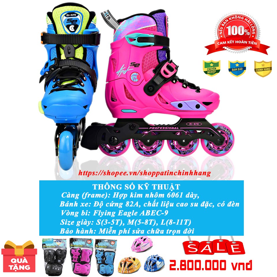 Giày patin trẻ em cao cấp M-CRO SE thương hiệu thụy sỹ, full bảo hộ, nón, túi dựng giày cao cấp