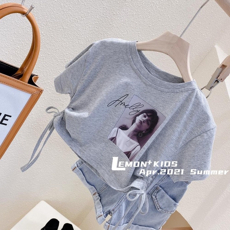 Áo Thun Cotton Ngắn Tay Lưng Cao Phối Dây Rút Thời Trang Cho Bé Gái